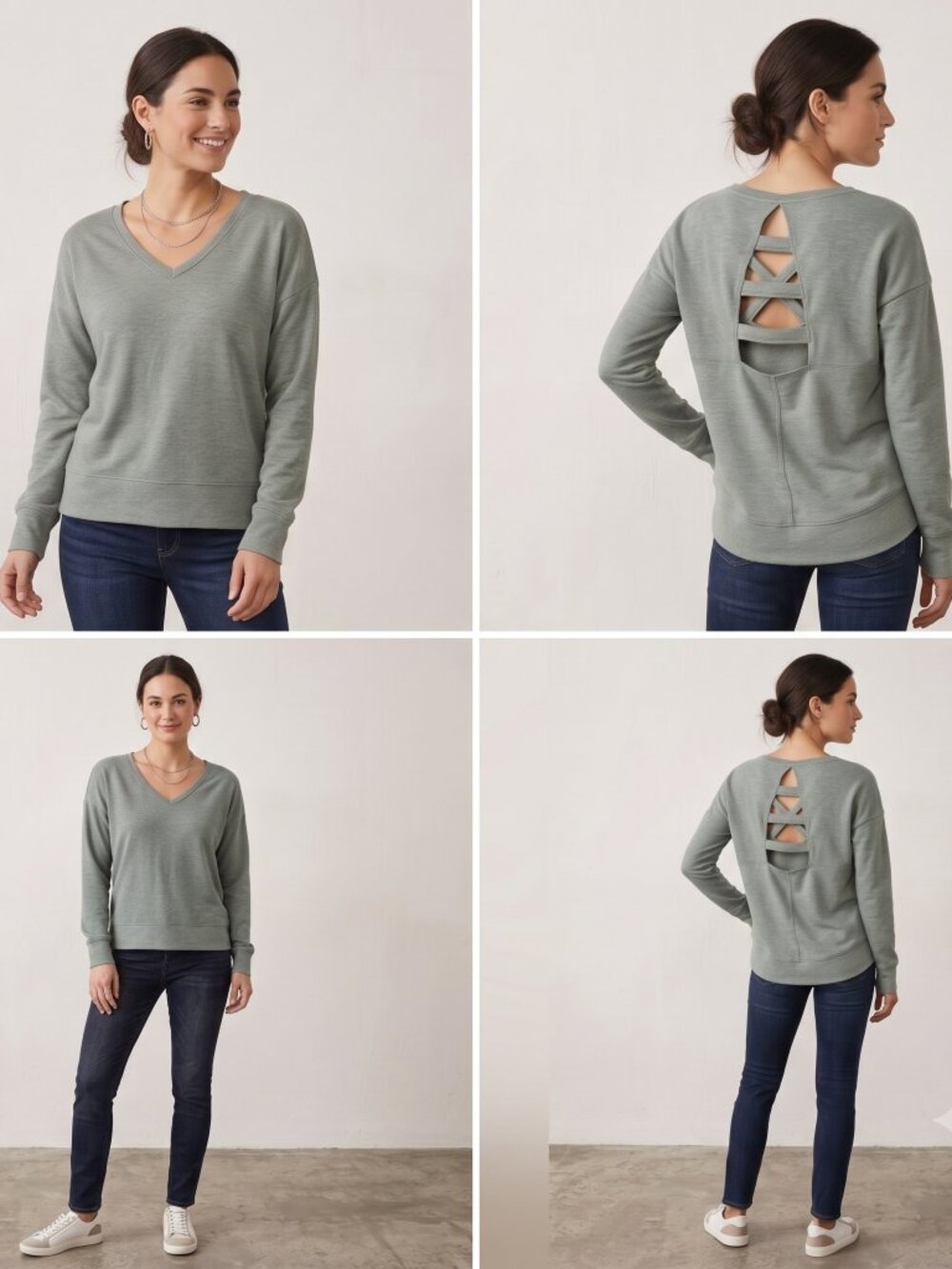 Gray V-Neck Long Pull Sweatshirt With a Ladder Back Cutout